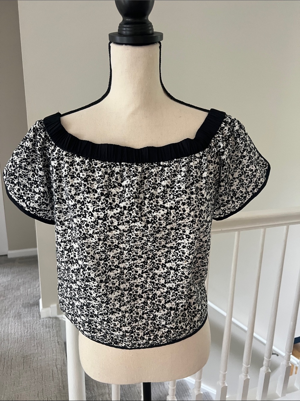 rag & bone Black and White Floral Off-Shoulder Crop Top